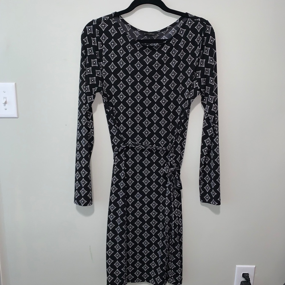 Banana Republic Womens Black White Geometric Diamond Print Faux Wrap Dress M
